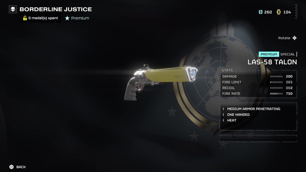 Everything in the Helldivers 2 Borderline Justice Warbond and their cost - Talon pistol