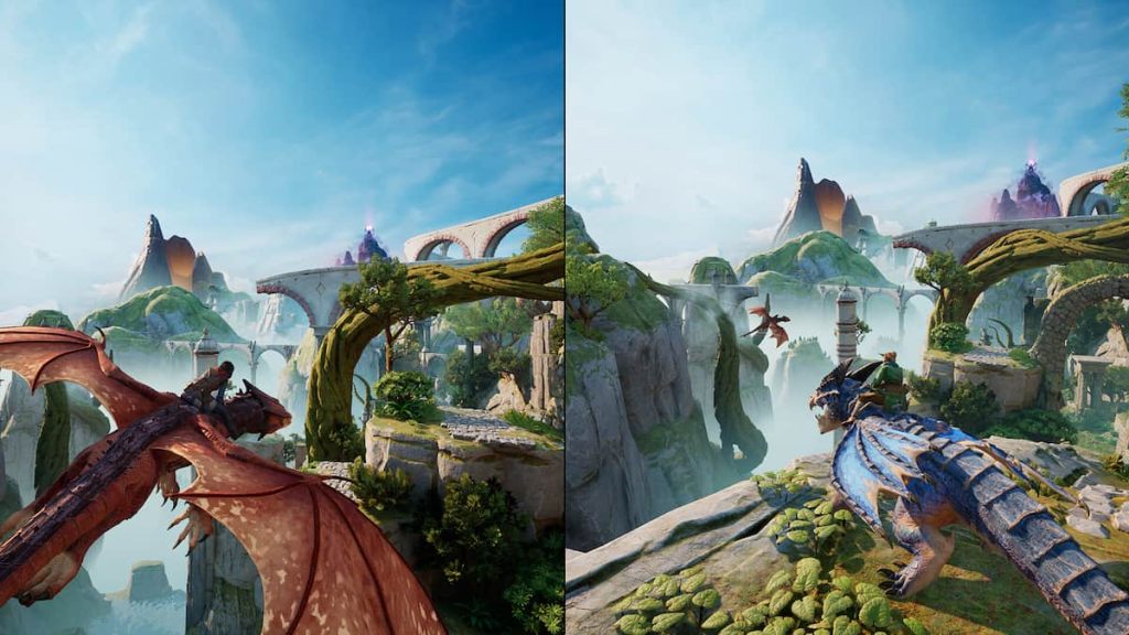 Dragons soaring in a tropical landscape in Split Fiction