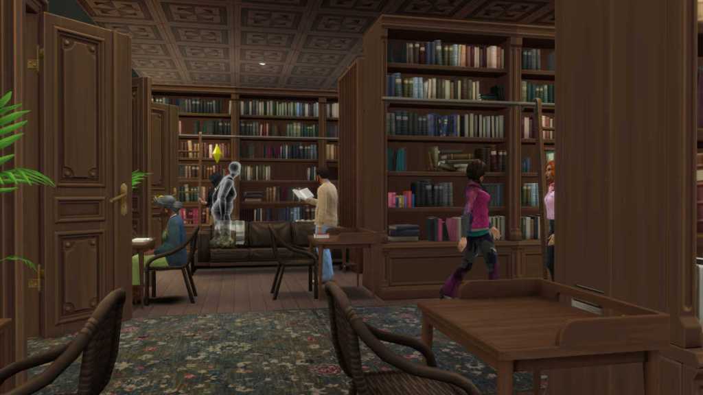 A Library created in The Sims 4: Businesses and Hobbies