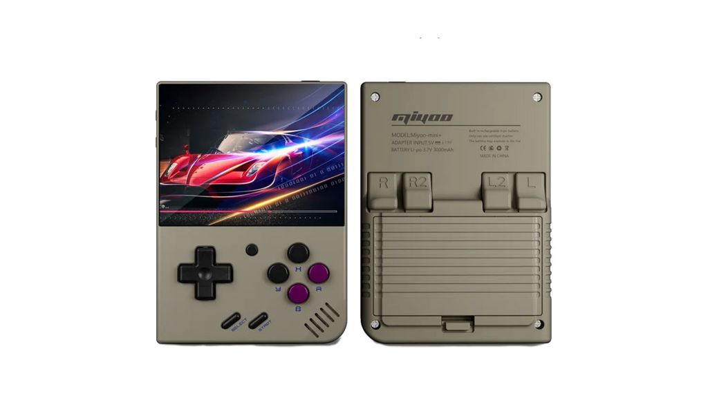 The Miyoo Mini Plus retro gaming console on a white background.