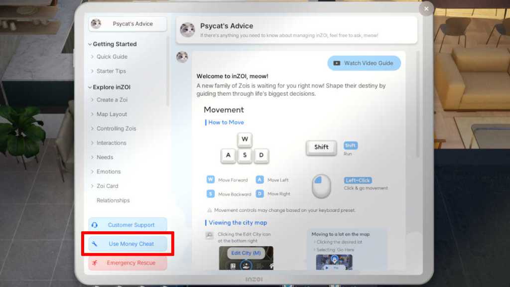 Psycat's Guide, where you'll find the Use Money Cheat in InZoi