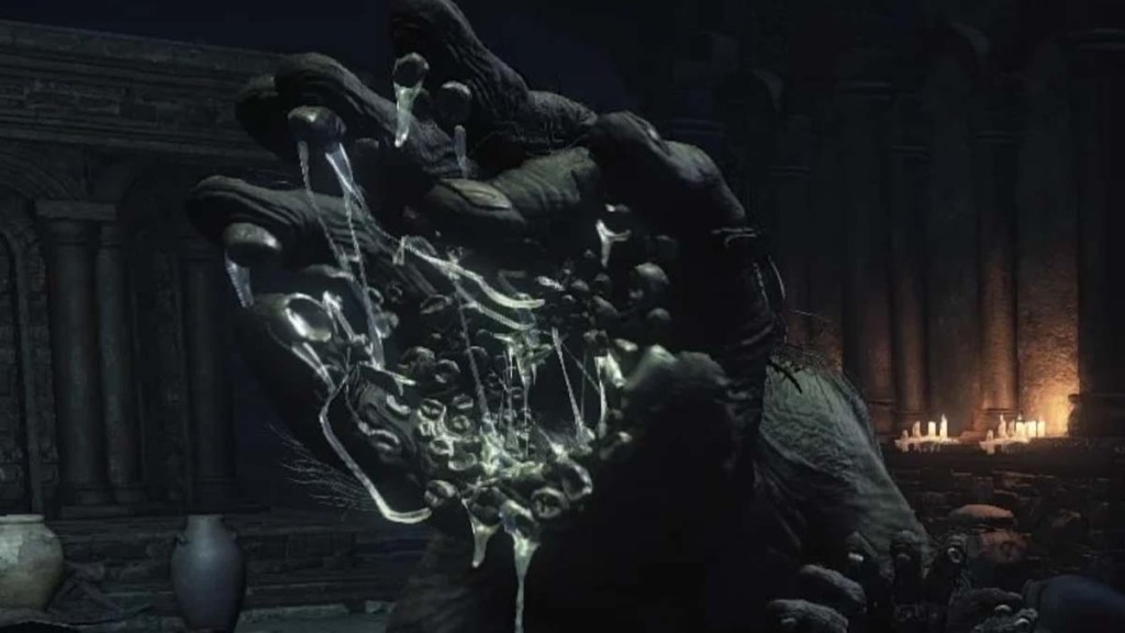 the monstrosity of sin from Dark Souls 3, a monster with many hands, many fingers, and a gooey hand for a head.