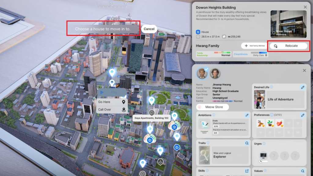 The Relocate and choose a household to move in to options marked for moving a household in inZOI.