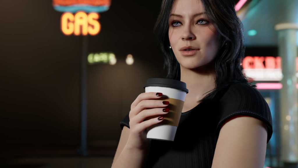 Photo of character holding a coffee cup taken in inZOI