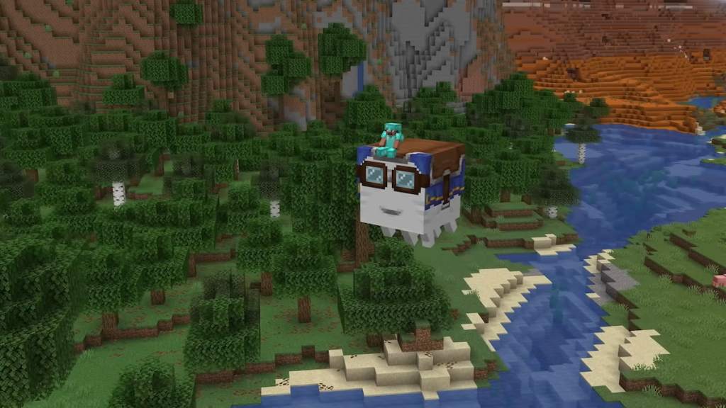 A player in diamond armor riding on a happy ghast wearing goggles and a saddle in Minecraft. 