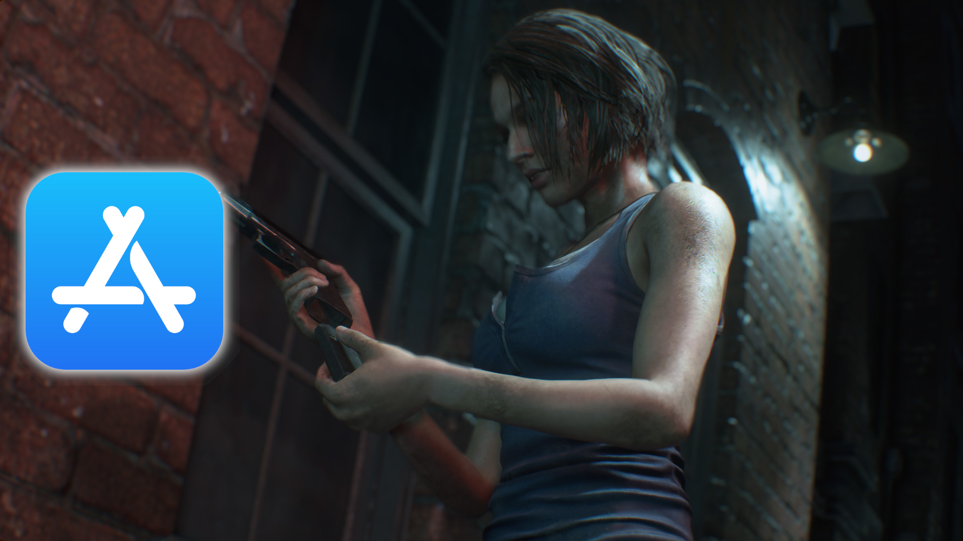 Resident Evil 3: Jill Valentine loads a pistol next to the Apple App Store logo.