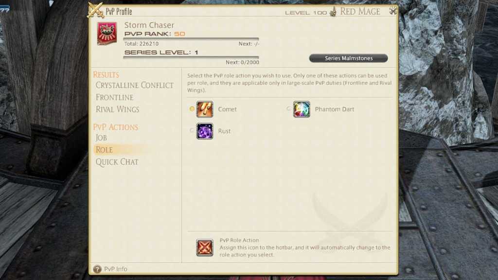 The PvP Profile menu where you can assign Role Actions in Final Fantasy XIV
