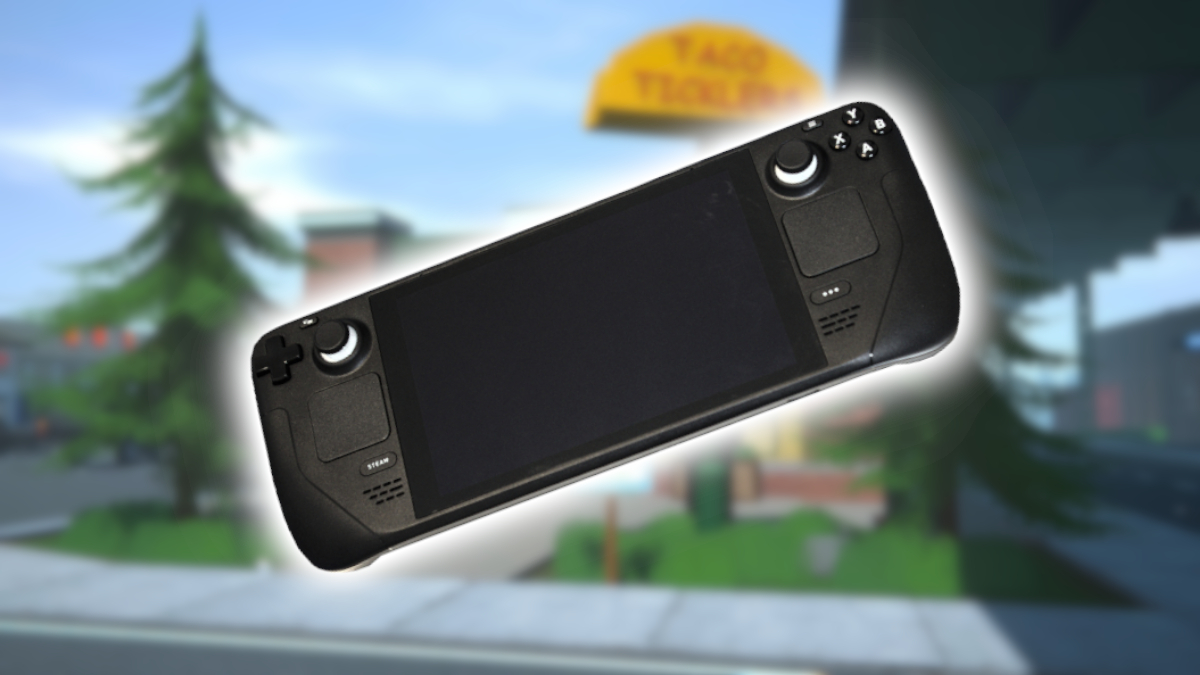 A Steam Deck floating in front of a screenshot from Schedule 1.