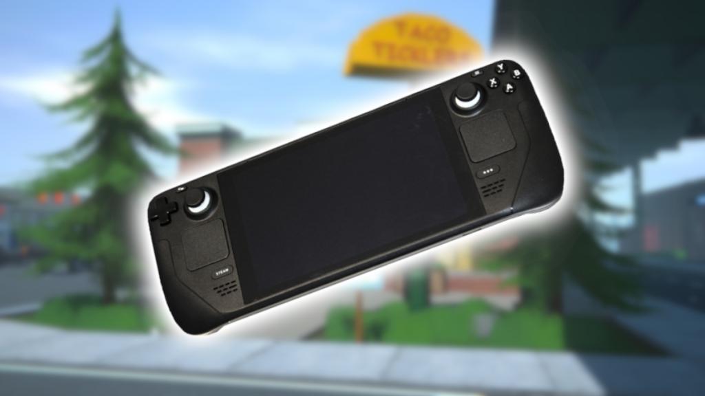 A Steam Deck floating in front of a screenshot from Schedule 1.