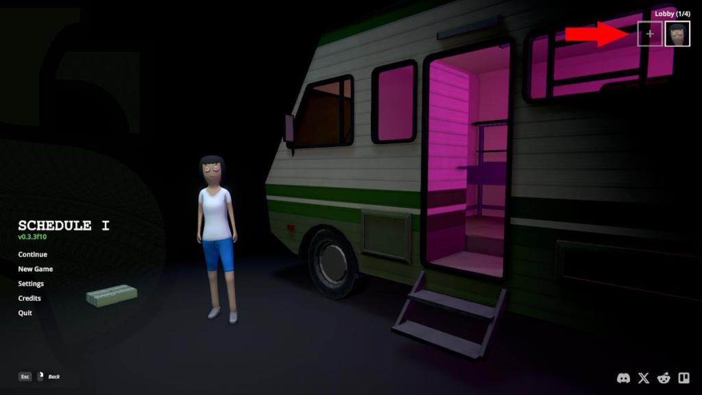 The main menu of Schedule I, an arrow points to an empty second player slot slot, used to add friends to the game.