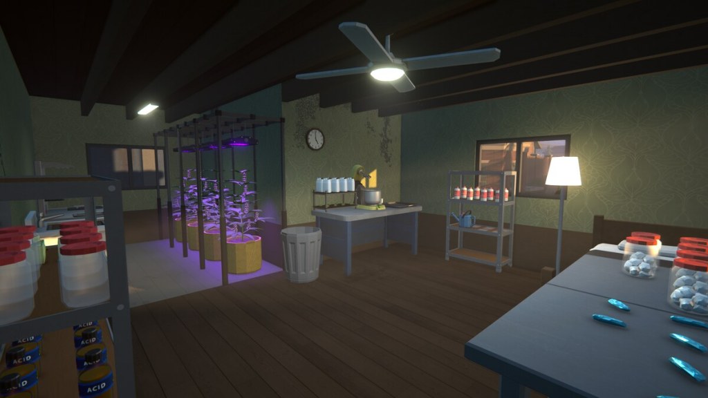 A large work room full of equipment to manufacture drugs in the video game Schedule 1.