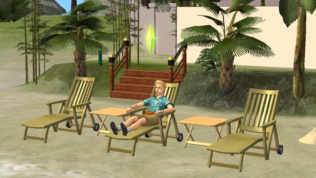 Sims 2 screenshot of a Sim on a beach holiday.