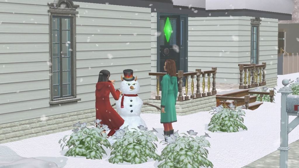 Sims 2 screenshot of two Sims making a snowman.