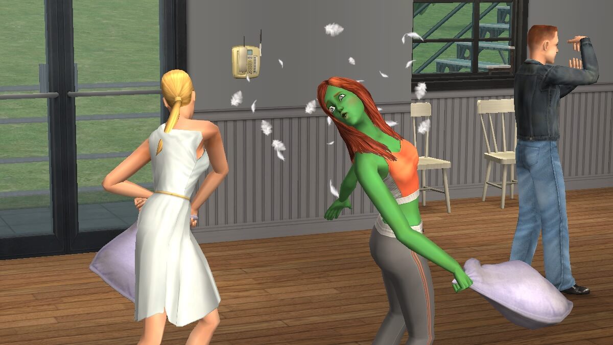 Sims 2 screenshot of two Sims having a pillow fight at university.