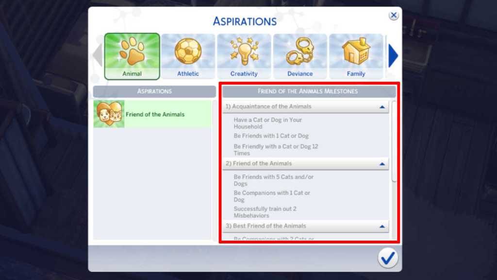 The Aspirations menu in The Sims 4, showing Milestones for the Friend of the Animals Aspiration