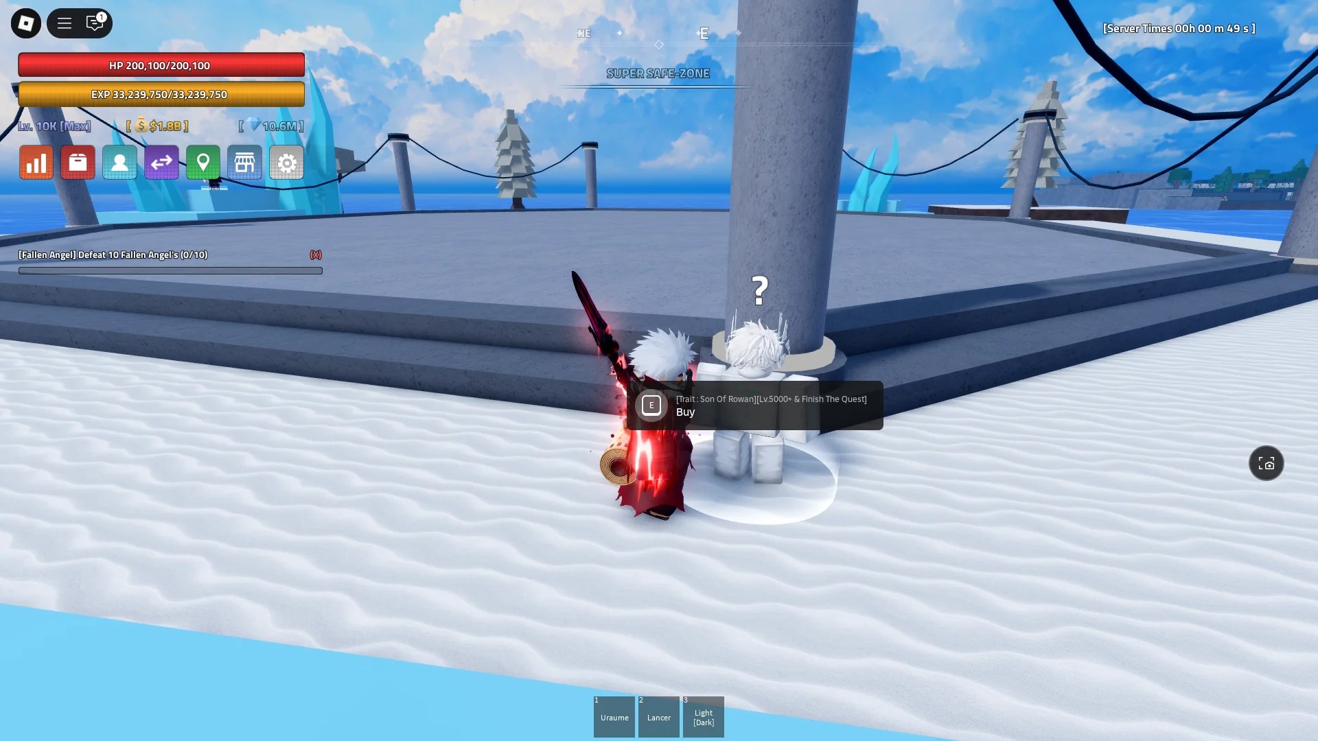 A player standing next to the Son of Rowan quest NPC on Boss island in Verse Piece Roblox experience