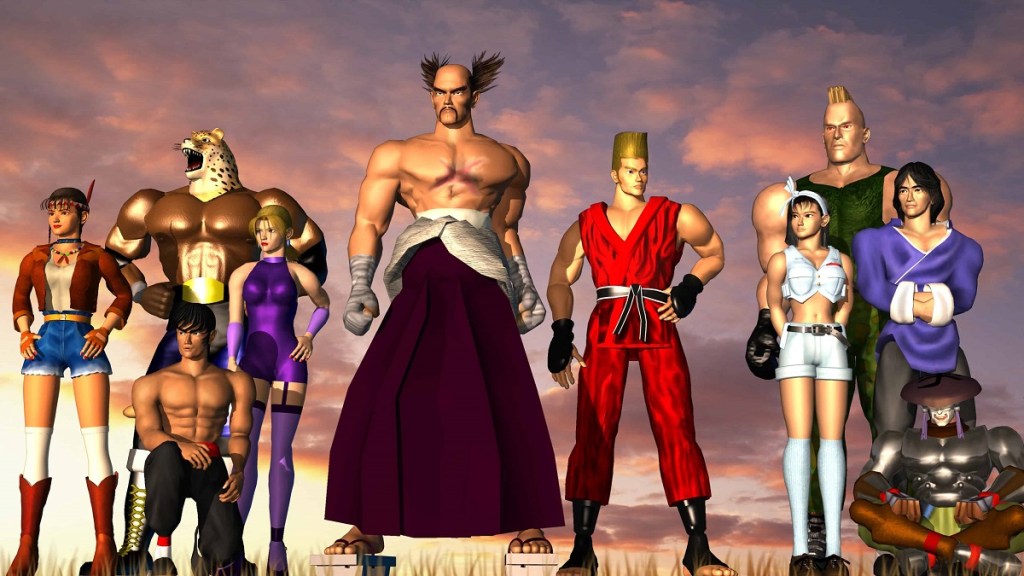 Tekken 2: fighters like Heihachi, Nina, and Paul pose with purple clouds in the background.