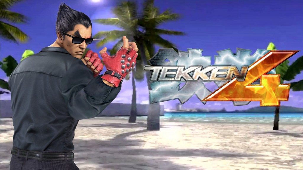 Tekken 4: Jin Kazama poses in sunglasses on a tropical beach.
