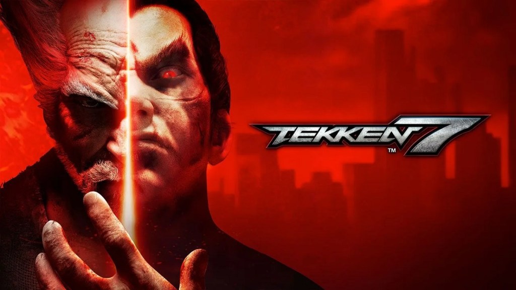Tekken 7: half Jin Kazam's faceand half Heihachi Mishima's face on a red background.
