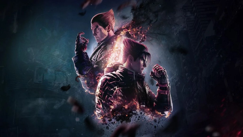 Tekken 8: Jin and Kazuya are back-to-back, looking broody on a dark, cloudy background.