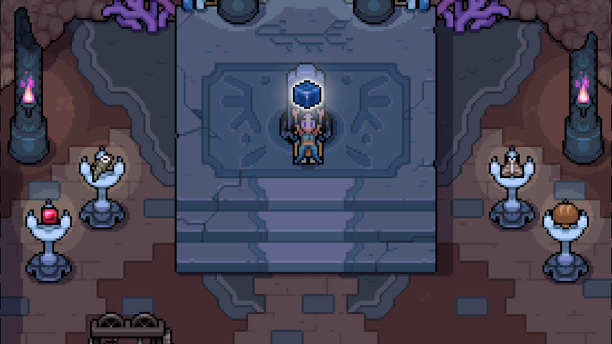 Player holding Tidestone above their head near the Water Seal in Fields of Mistria