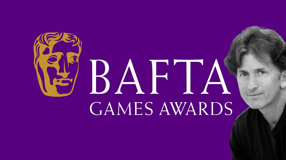 The BAFTA Games Awards logo on a purple background, with a black and white photo of Bethesda's Todd Howard on the right.