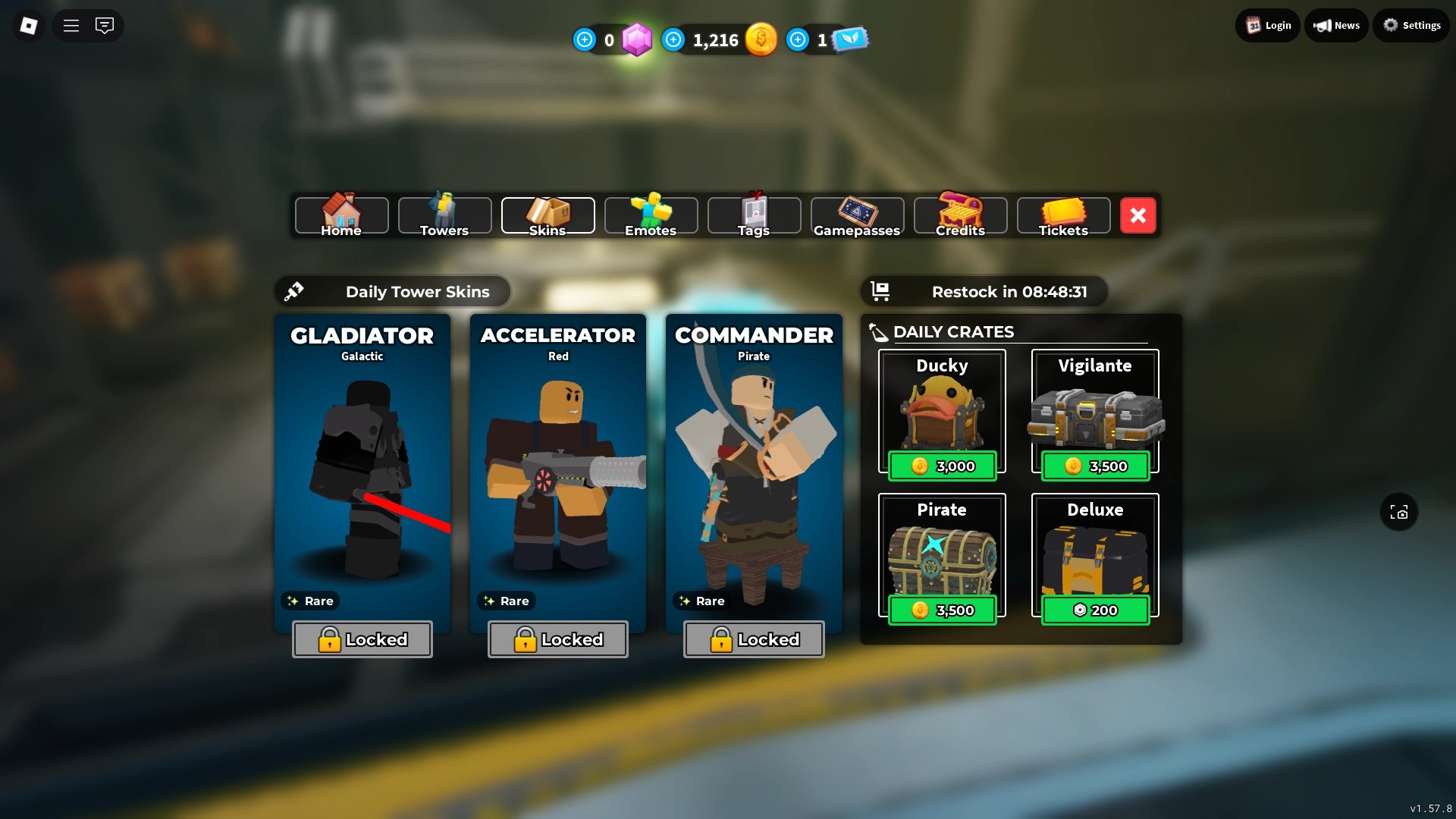 Preview of the Skins shop menu in the Tower Defense Simulator Roblox experience