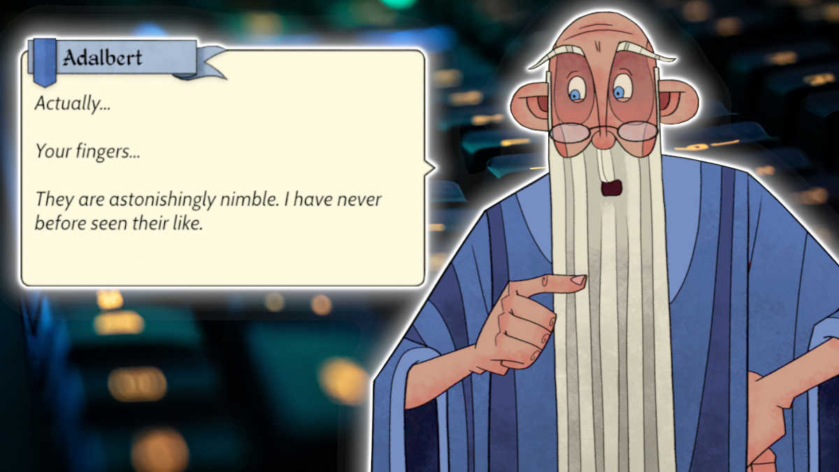 Adalbert from Touch Typing Tale over a qwerty keyboard