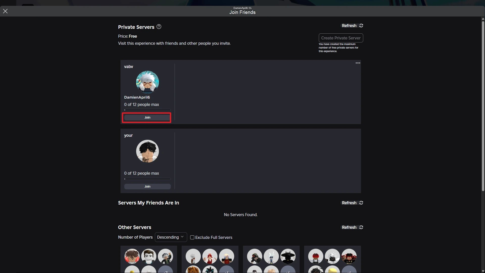 Preview of the join friends section of the Verse Piece game on Roblox