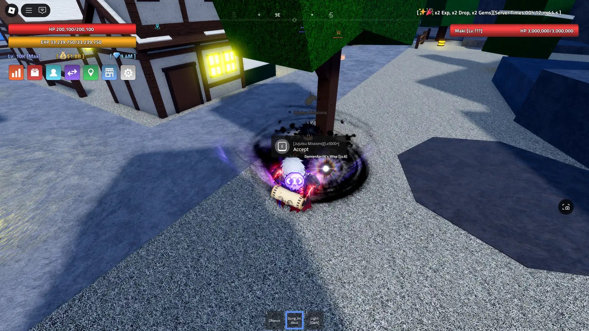Location of the Jujutsu Missions NPC on the Frost Town Island in Verse Piece Roblox experience