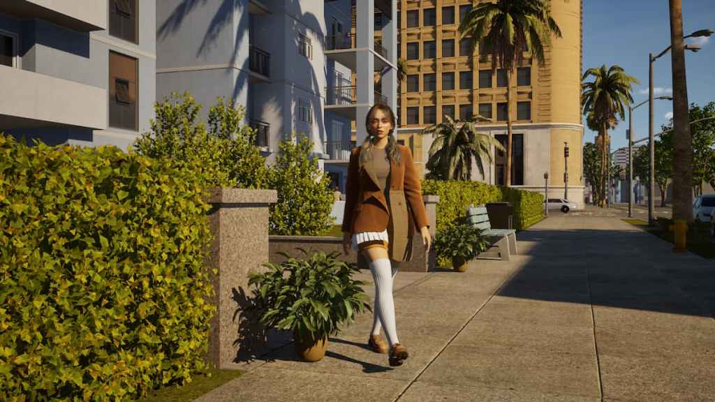 A Zoi wearing a brown jacket walking down a sidewalk in inZOI.