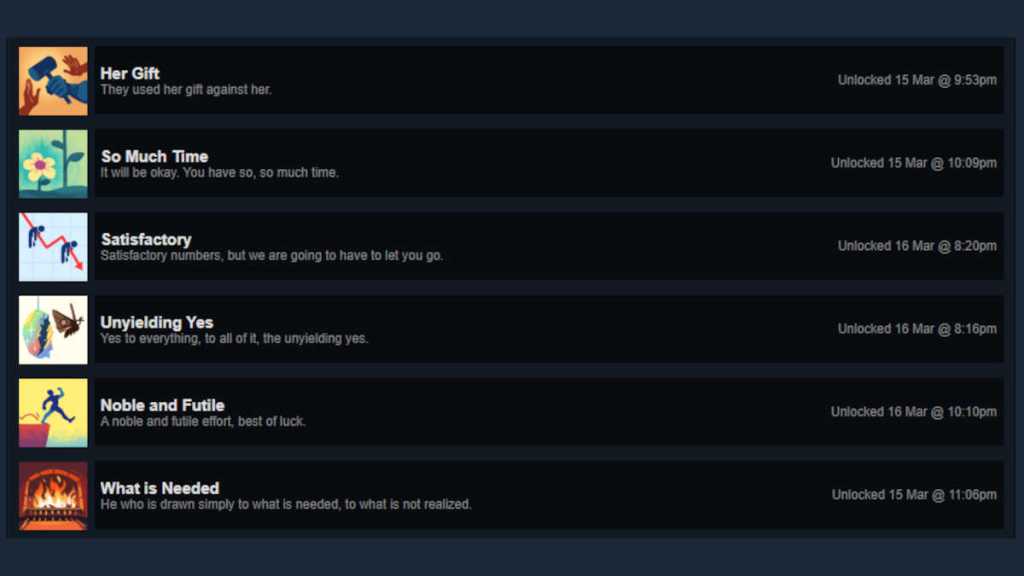 A selection of the 11 achievements that can be earned through playing Wanderstop
