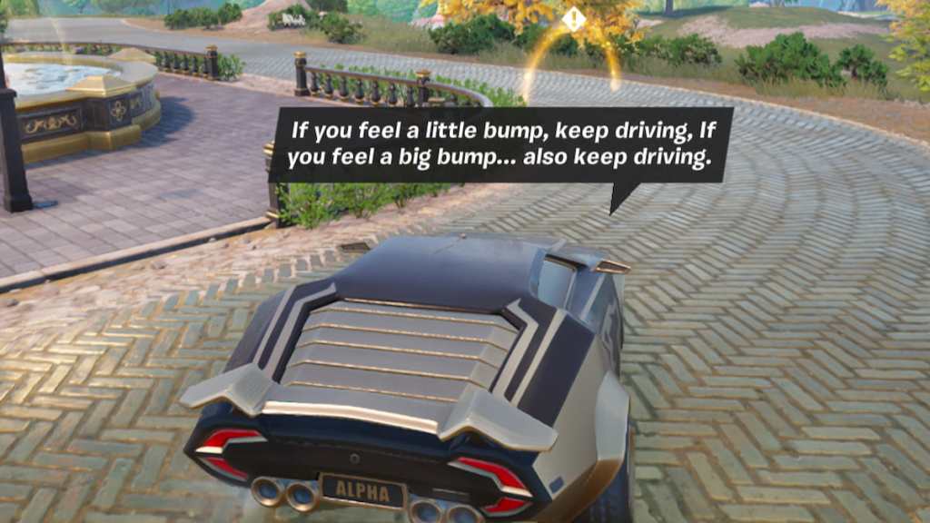 Driving Kane's car toward a glowing golden hoop waypoint in Fortnite.