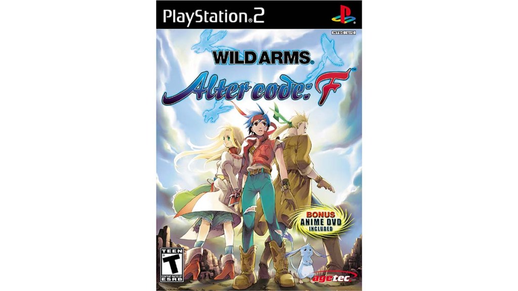 The cover art for Wild Arms  Alter code: F, featuring the main cast standing back to back at the center.