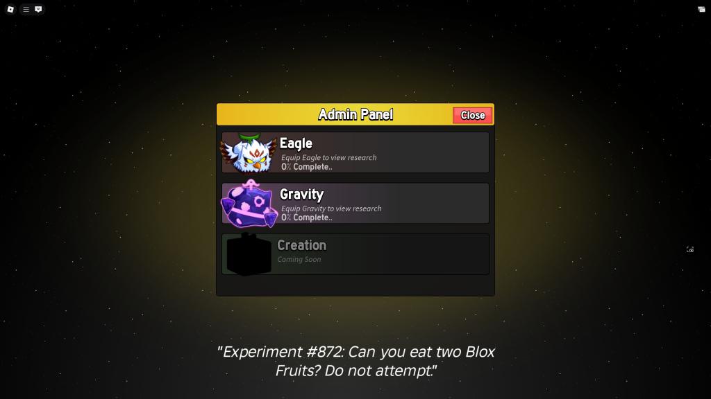 The Admin Panel menu in Blox Fruits