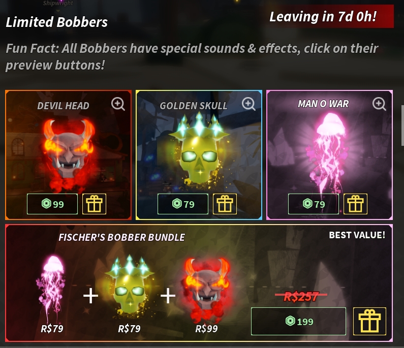 A list of premium bobbers in Fisch during the Blue Moon event