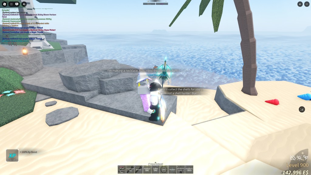 A Fisch player is talking to a mermaid NPC quest giver