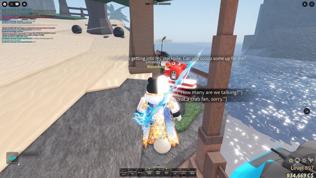 A Fisch player is accepting a quest from a crabby NPC