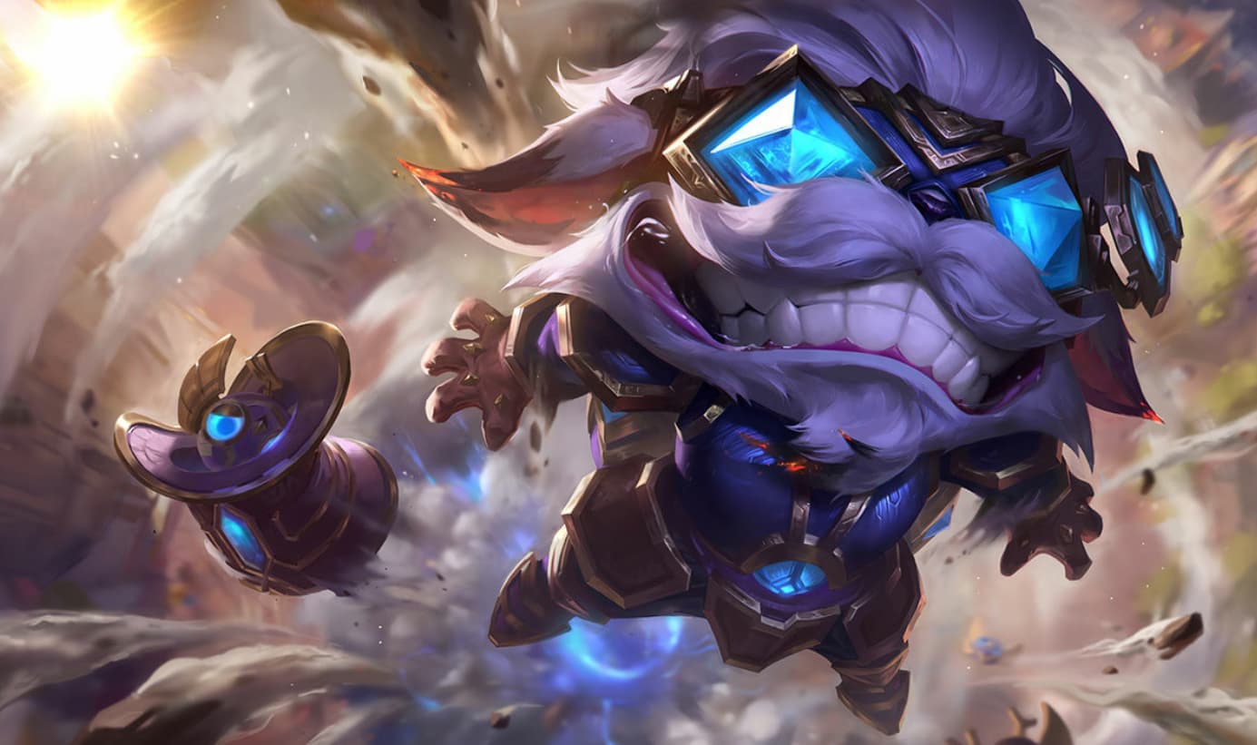 The splashart for Hextech Ziggs, showcasing the furry yordle being blown into the sky by his own bomb.