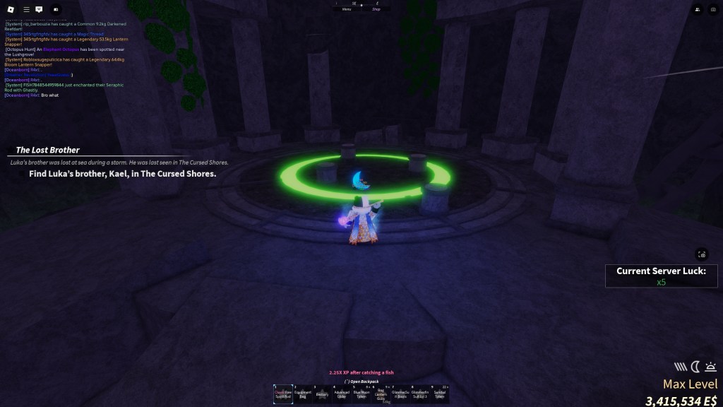 A Fisch player is standing next to the rod debuff remover altar