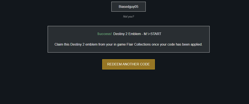 Marathon code redemption screen