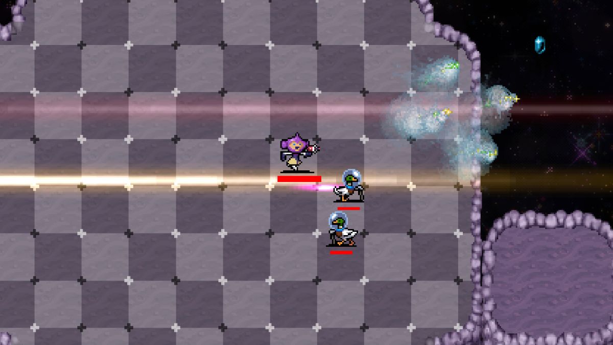 the new character running over a tiled floor on an asteroid with space ducks and rabbits accompanying her.