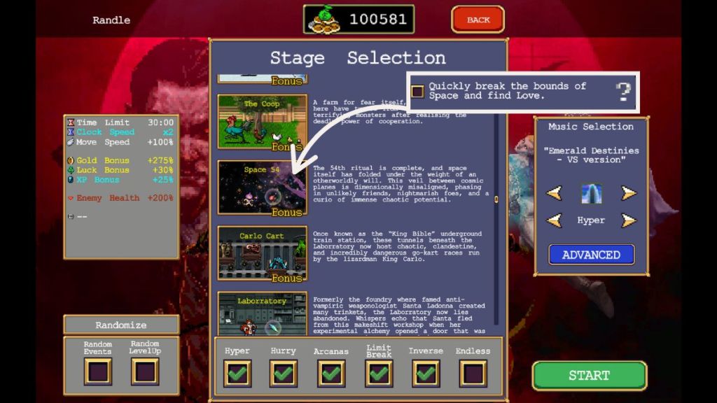 The Vampire Survivors stage select screen with a special note pointing to the stage we need to go to for this secret