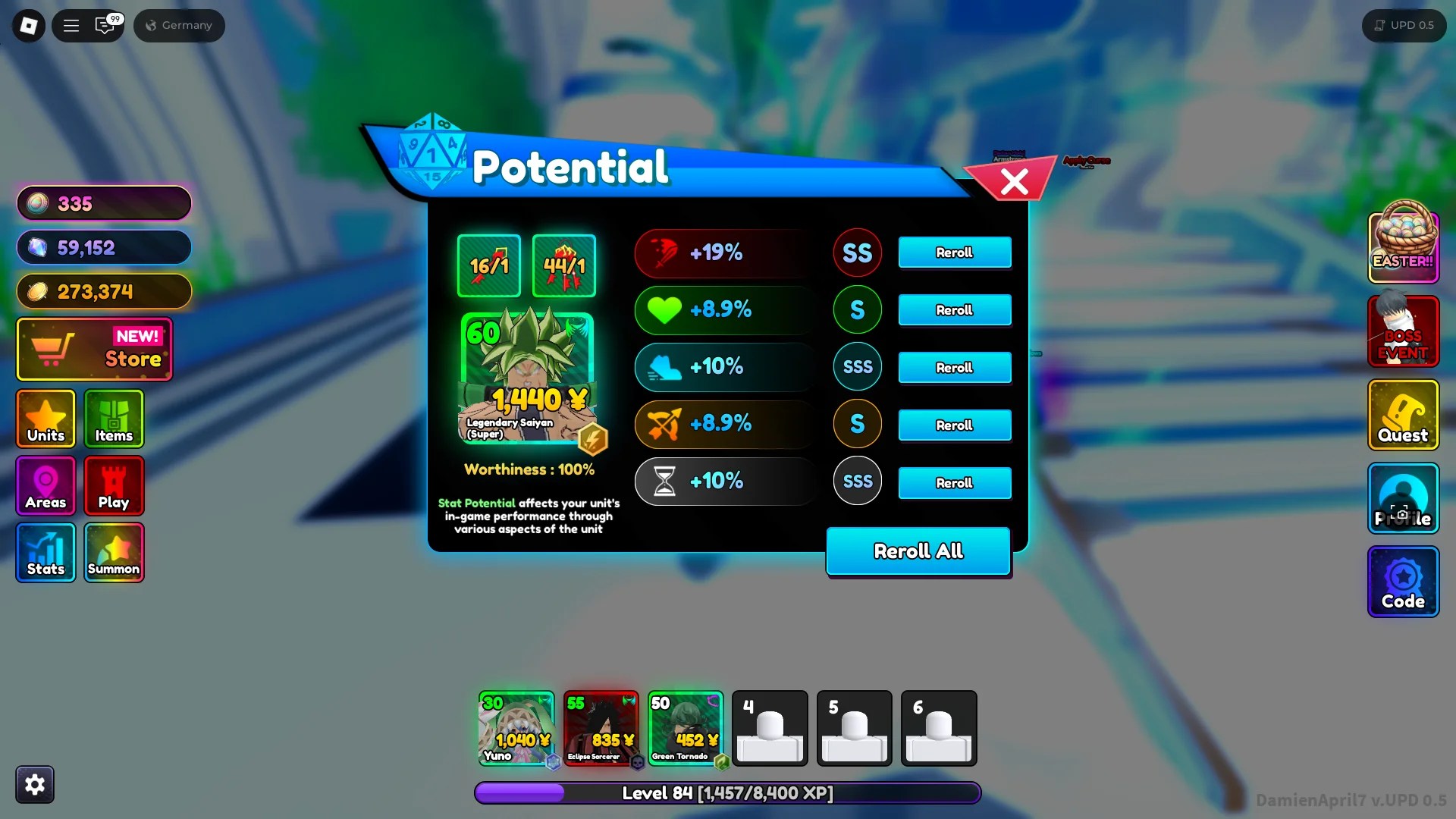 Preview of the Stats Potential menu in the Anime Rangers X Roblox experience