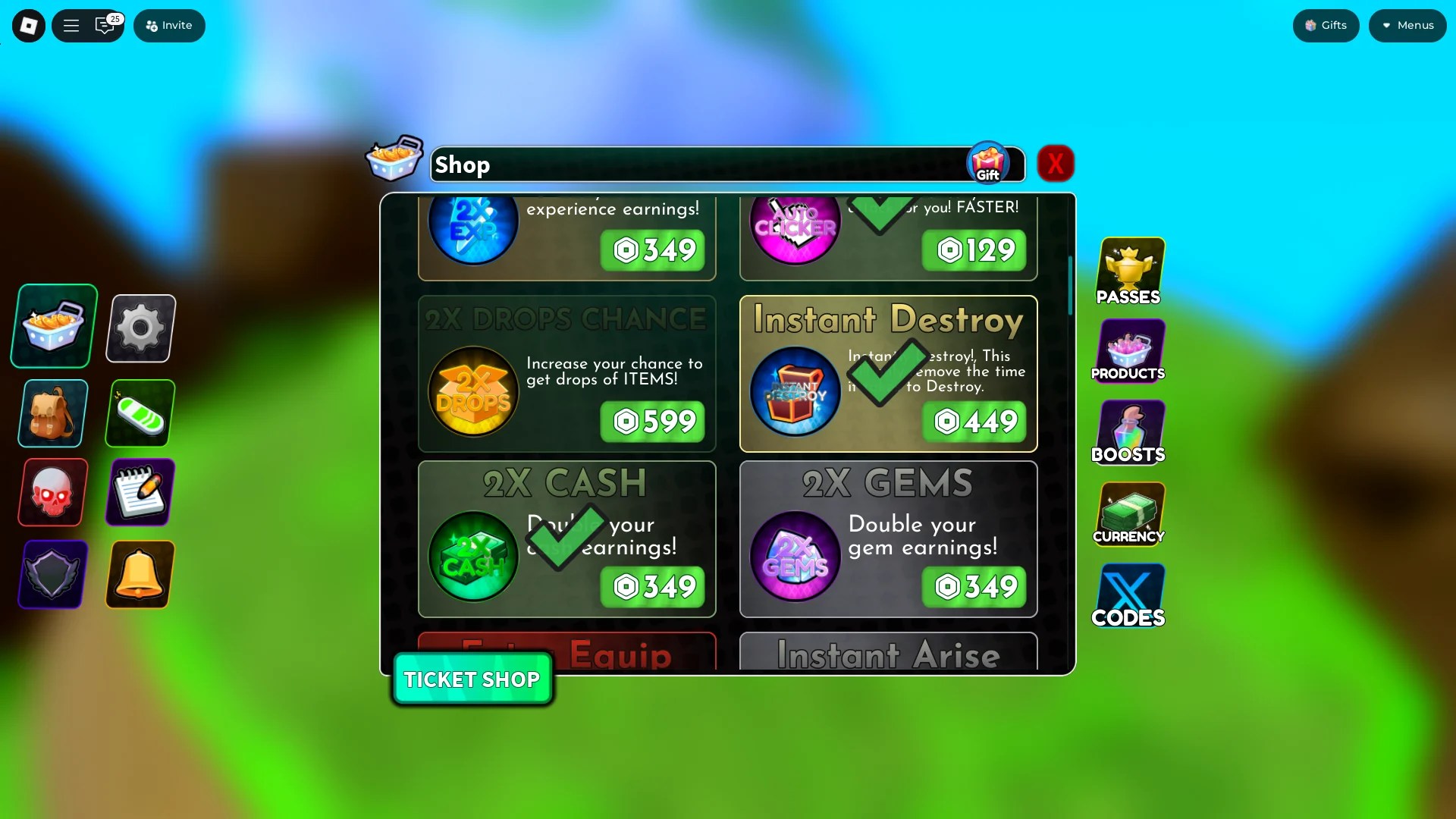 Preview of the Shop menu in Arise Crossover with the X2 Drops Chance battlepass highlighted in Arise Crossover Roblox experience