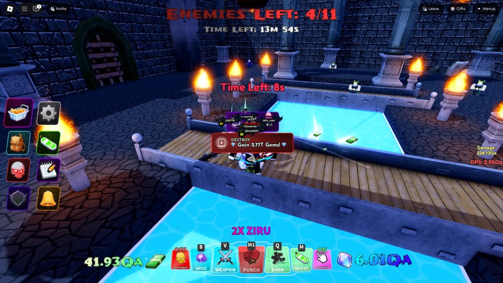 A player standing next to a defeated mob in the Arise Crossover Roblox experience with the Arise and Destroy options next to it