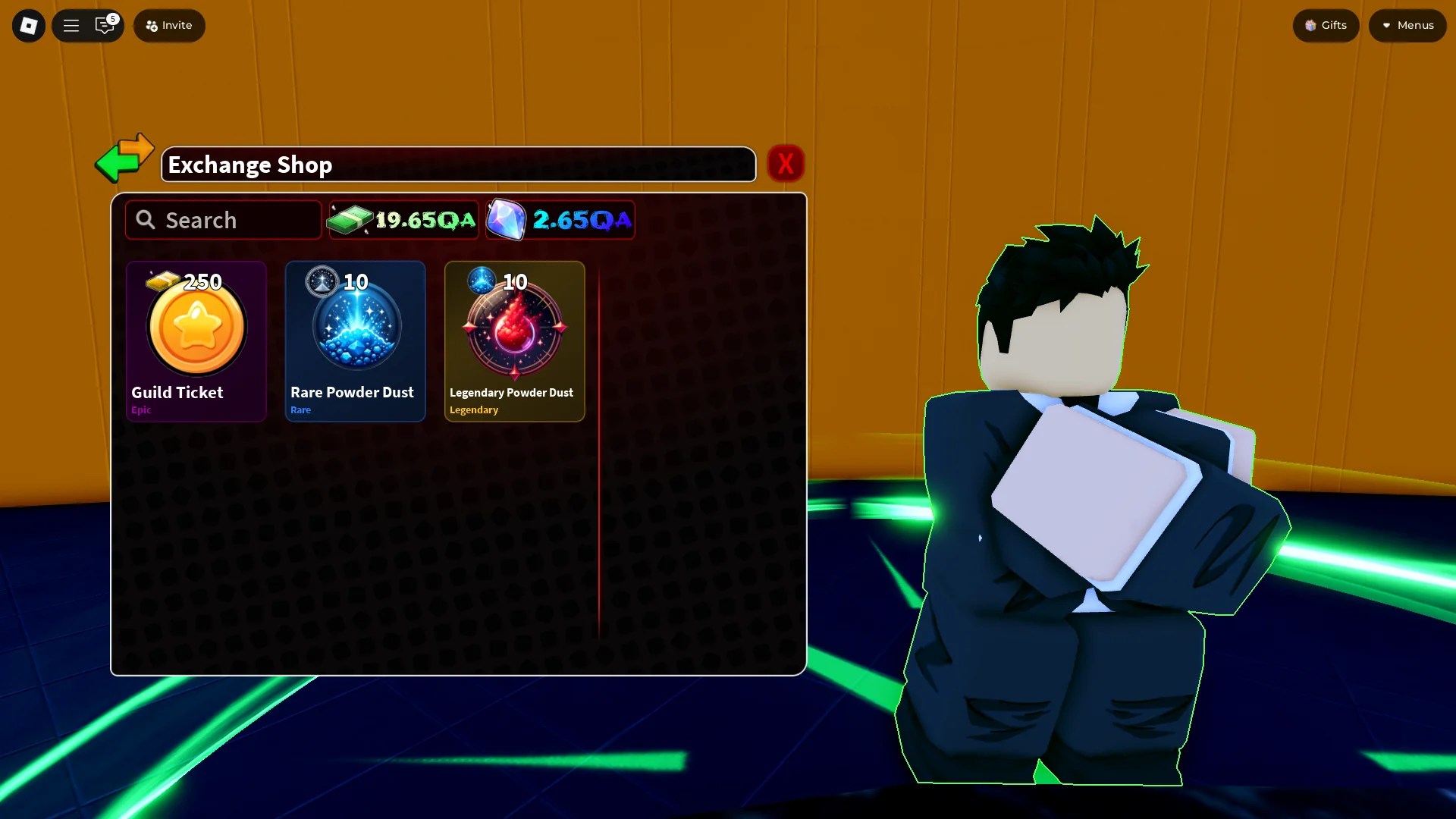 Preview of the Exchange Shop stock in Arise Crossover Roblox experience