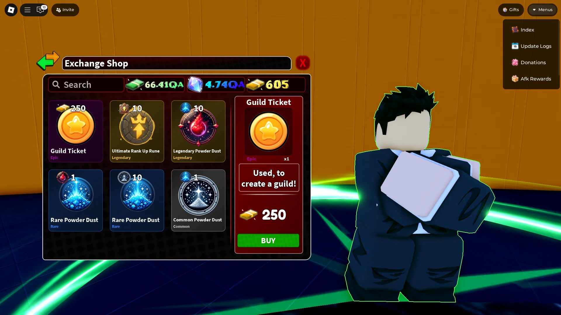 Preview of the Exchange Shop in Arise Crossover Roblox experience
