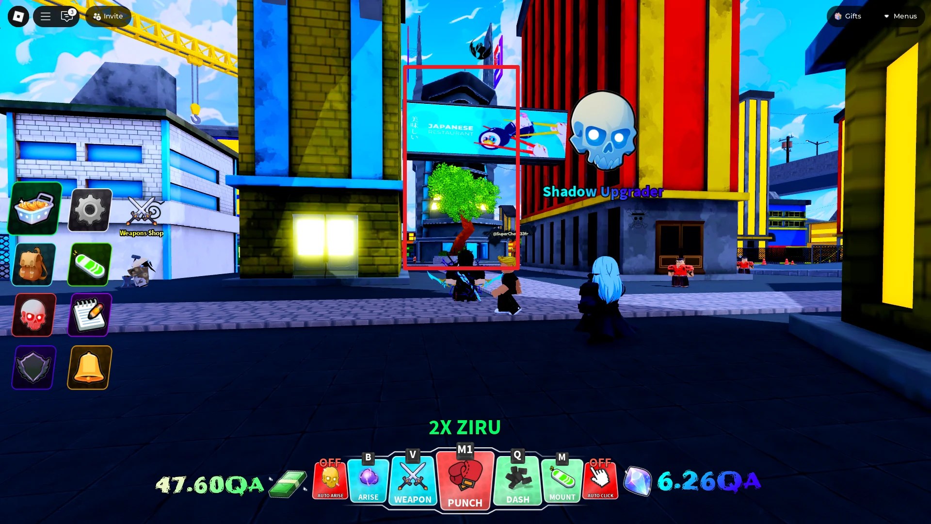 A player showing the location of the Guild building in the Arise Crossover Roblox experience