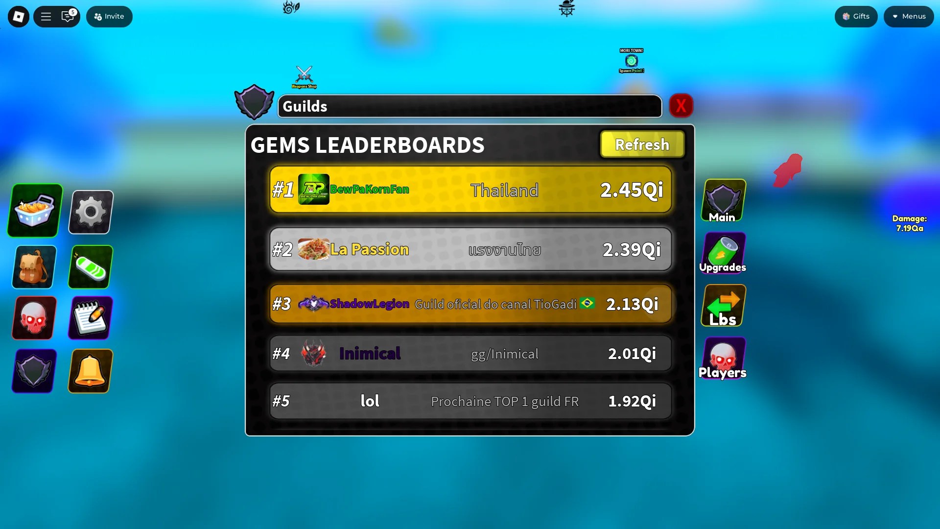Preview of the Guild Leaderboards menu in Arise Crossover Roblox experience
